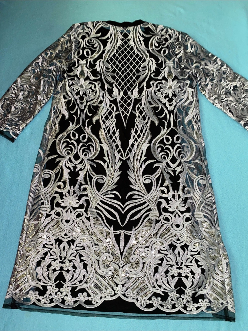 R&M RICHARDS sequined duster black tank dress attached necklace 2 piece size 8 - Picture 3 of 16
